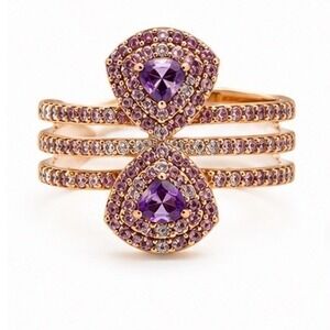 Rose Gold Amethyst & Pink Sapphire Color Crystal Tone Ring Trillion Halo Triple